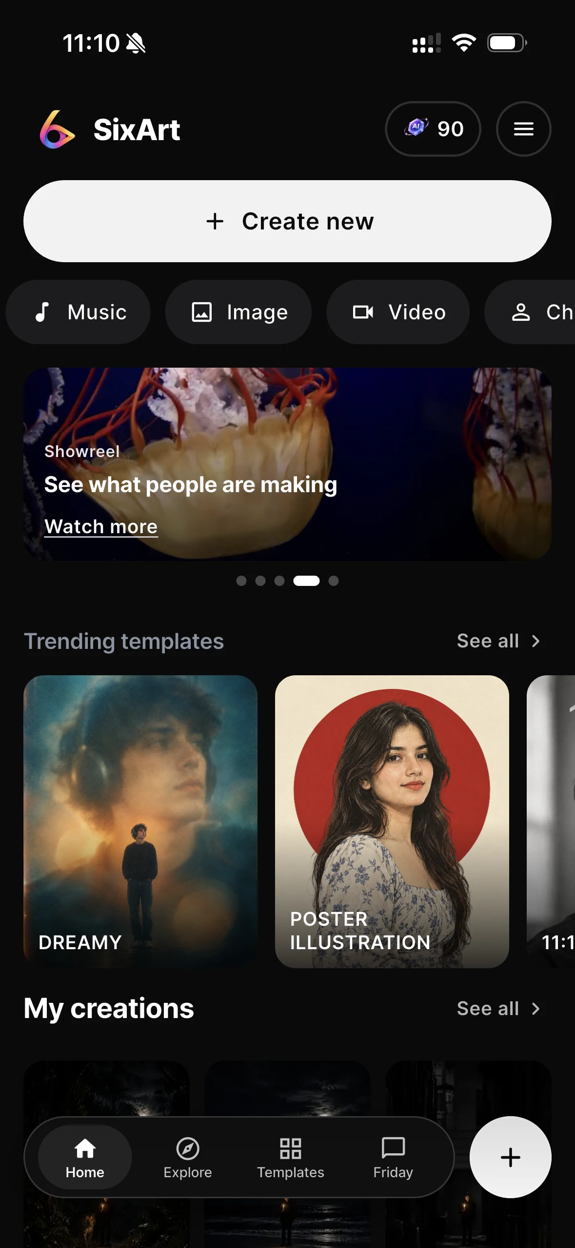 The Sixart app on a phone, showing templates and recent creations